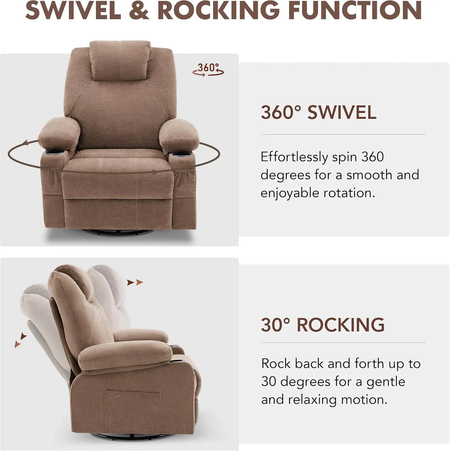 Oversized Swivel Rocker Recliner Chair With Heat And Massage, 360 Degree Swivel Rocking Single Sofa With Cup Holders And USB Port