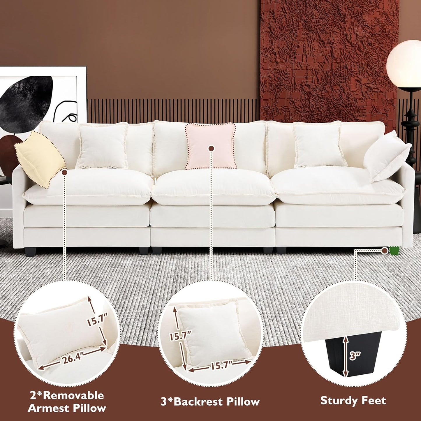 Ihanherry 146 In. U-Shaped Modern Sofa Modular Sectional Cloud Couch With 2 Ottoman
