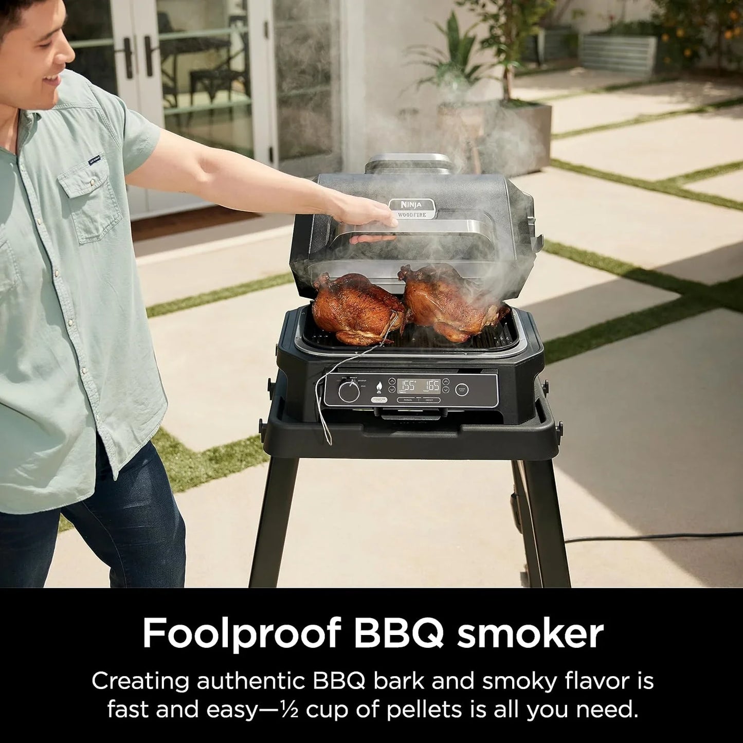 7-in-1 Grill And Smoker With Thermometer, Air Fryer, Bbq, Bake, Roast, Broil- Portable Electric Outdoor Grill, Grey