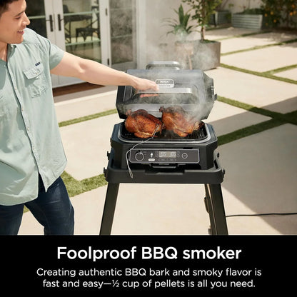 7-in-1 Grill And Smoker With Thermometer, Air Fryer, Bbq, Bake, Roast, Broil- Portable Electric Outdoor Grill, Grey