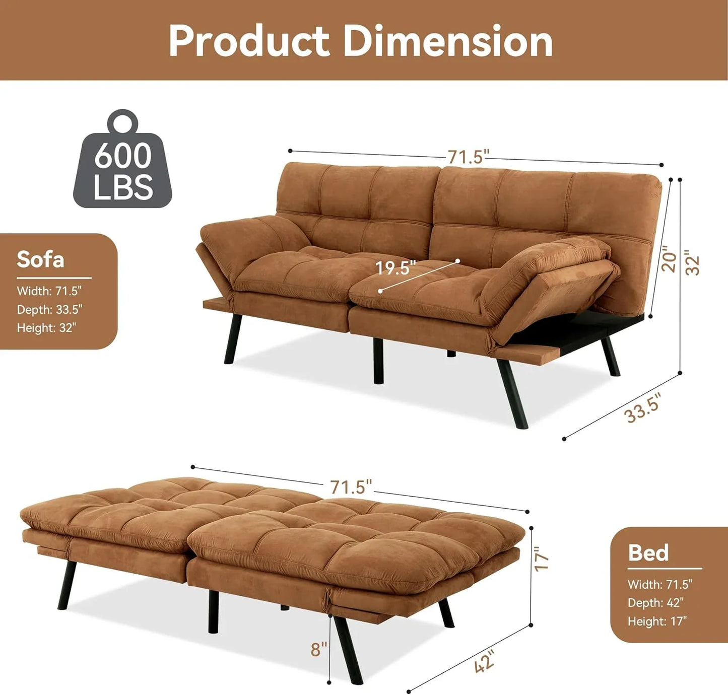 Amazon Basics Brown Loveseat, Convertible Couch Memory Foam Futon Sofa Bed Modern Sleeper Sofa For Small Compact Living Room, Office, Apartment