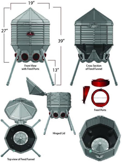 80lb Poultry Feeder, Adjustable Height, UV Stable, Weather Resistant, 8 Ports, Made In Usa