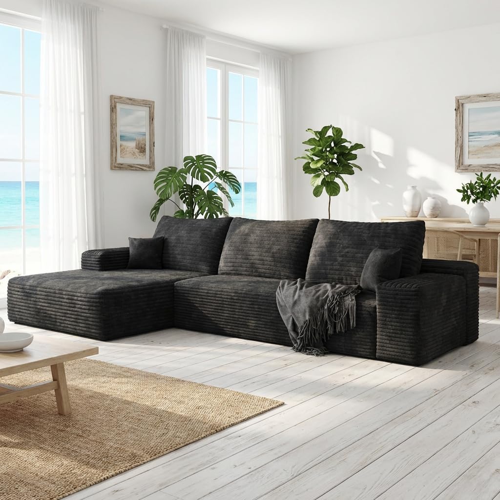 135 In. Oversized Compressed Sectional Sofa- 33D High-Density Foam Cloud Couch With Deep Seat- Minimalist 3-Piece Corduroy Upholstered Boneless