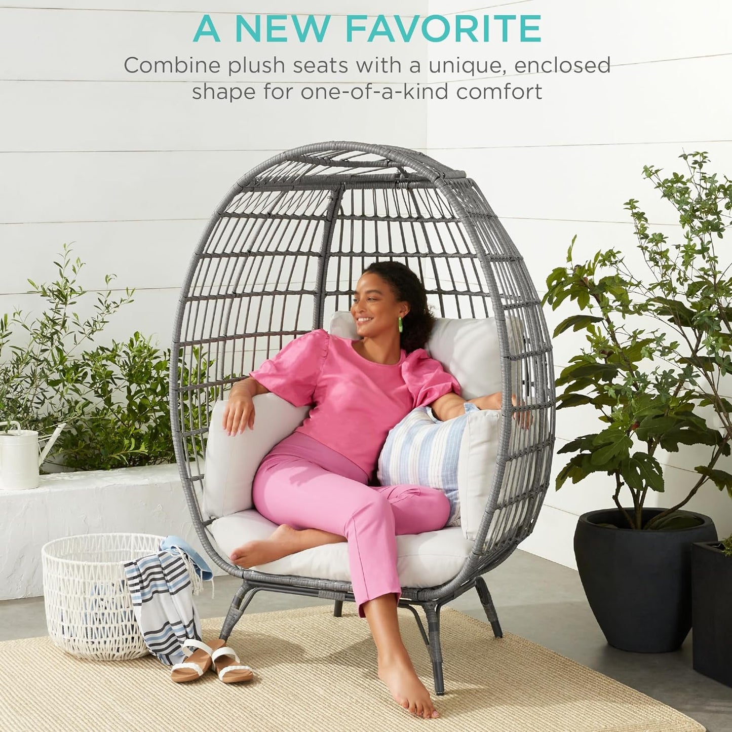 Best Choice Products Wicker Egg Chair Oversized Indoor Outdoor Lounger For Patio Backyard Living Room W/4 Cushions Steel Frame 440lb Capacity- Ivory