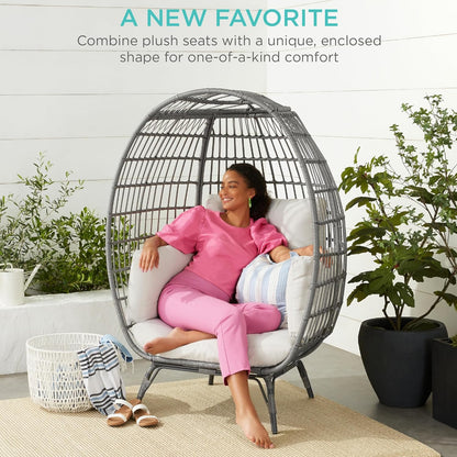 Best Choice Products Wicker Egg Chair Oversized Indoor Outdoor Lounger For Patio Backyard Living Room W/4 Cushions Steel Frame 440lb Capacity- Ivory