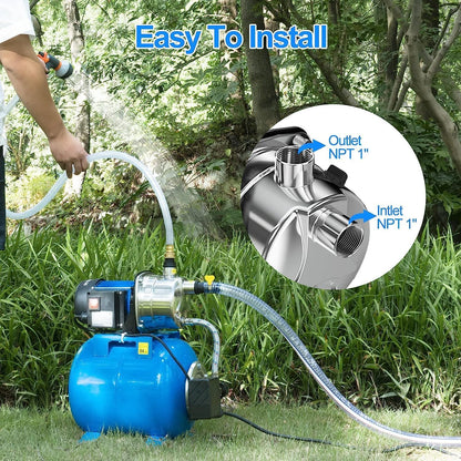1.6HP Shallow Well Pump With Pressure Tank 1268 Gph Stainless Steel Jet Pump Transfer Drainage Booster Pump Garden Sprinkler System Water Pump