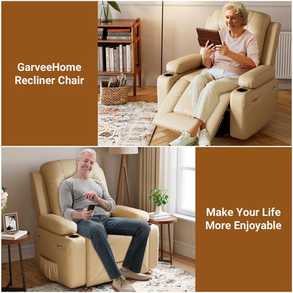 PU Leather Power Lift Recliner Chair With Massage And Heat, Adjustable Furniture For Back, Legs W/3 Positions, USB Port, Side Pocket, Beige