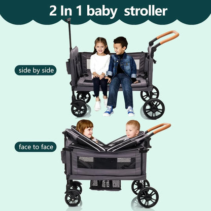 Wagon Stroller For 2 Kids And Cargo-Travel Stroller Push-Pull Double Wagon Lightweight Folding Stroller For Newborn And Toddler With 5-Point