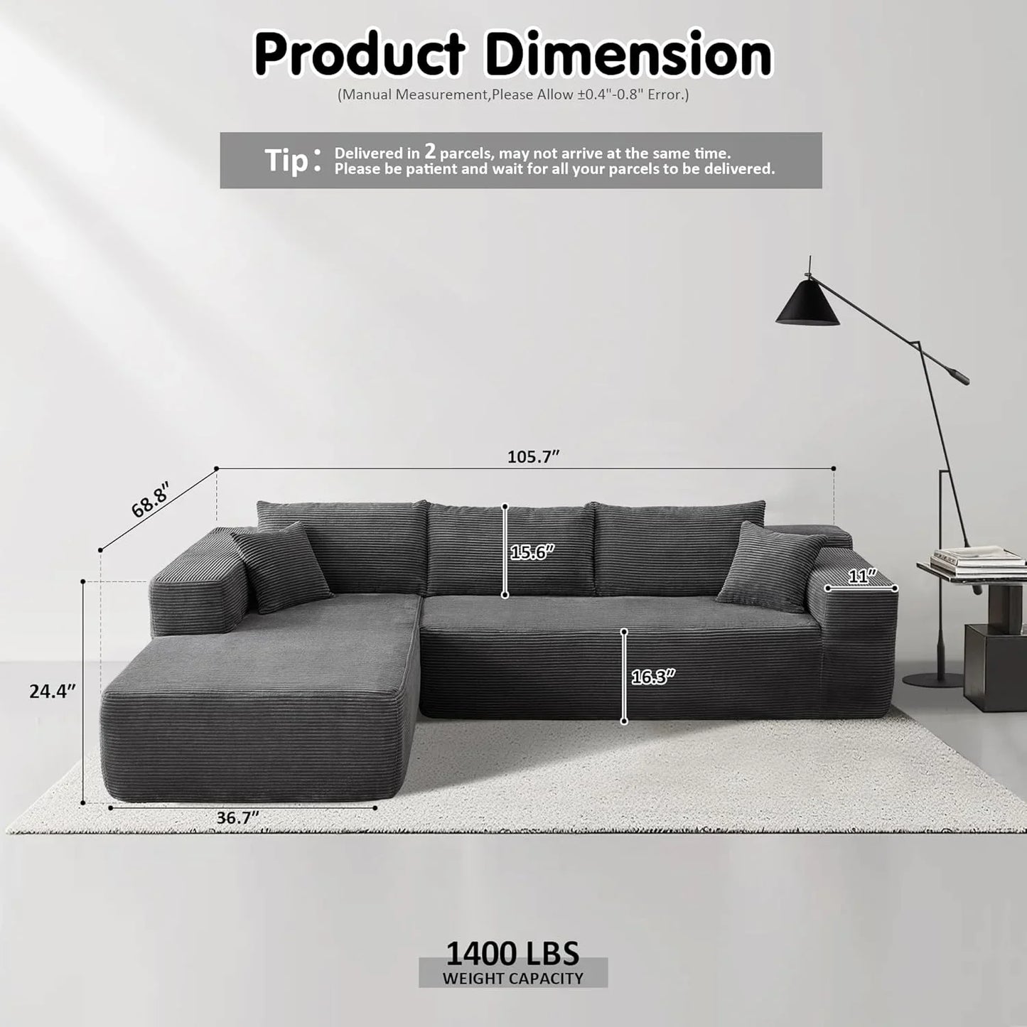 Ovios 104 In. Cloud Sectional Couch With L-Shape Chaise, Modern Modular Sofa With Deep Seat, Upholstered Couches For Living Room Bedroom