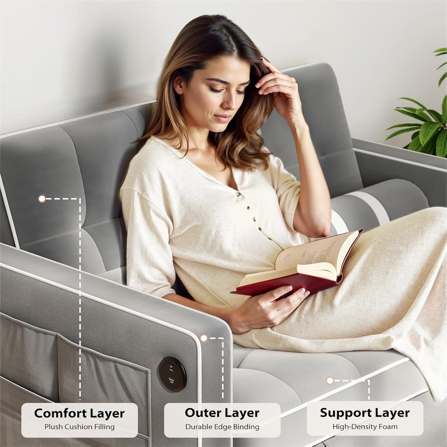 Pipishell 3-in-1 Convertible Sleeper Sofa Bed, Pull Out Couch For Living Room With USB Ports And Side Pockets, Adjustable Backrest, Velvet