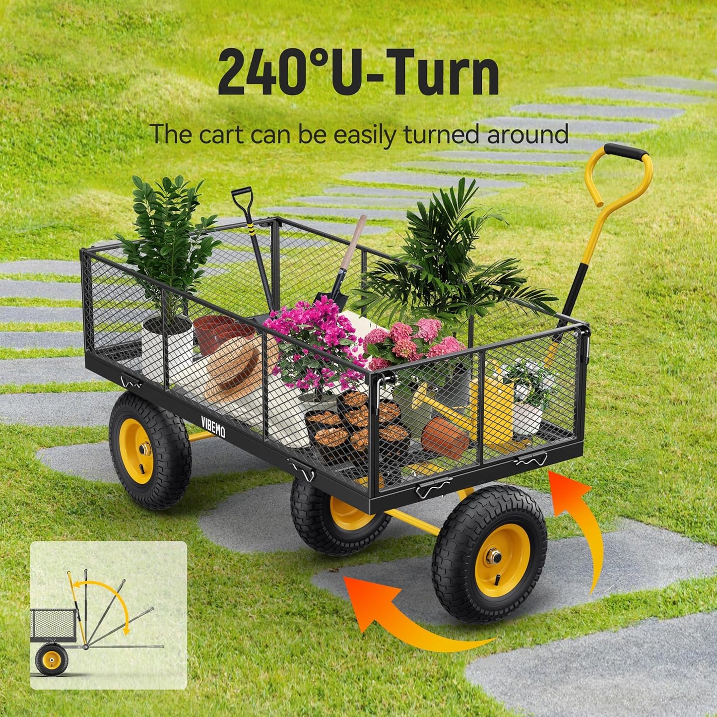 Steel Garden Cart 2-in-1 1400 Lbs Heavy Duty Utility Wagon With Removable Mesh Sides To Convert Into Flatbed 240 U-Turn 13 In. Pneumatic Tires