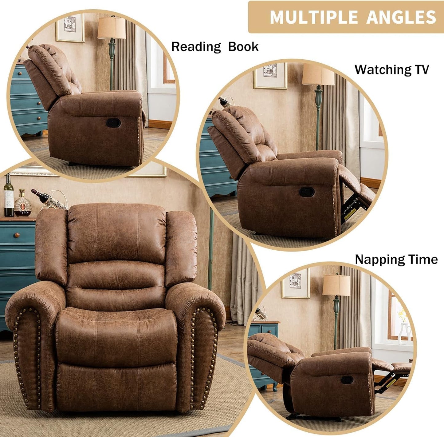 Canmov Leather Recliner Chair, Classic And Traditional Manual Recliner Chair With Comfortable Arms And Back Single Sofa For Living Room, Nut Brown