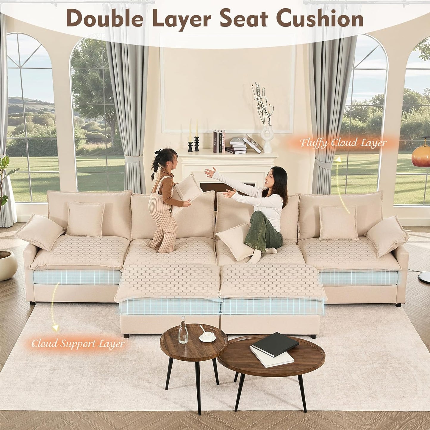108 In. U Shape Sofa Sectional Sofa Comfortable Cloud Sofa With Removable Footstool