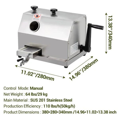 Manual Sugar Cane Juicer Machine, Sugar Cane Press With 3 Stainless Steel Drums And 2.4-inch Large Inlet, Sugarcane Juice Machine With 110lbs/H