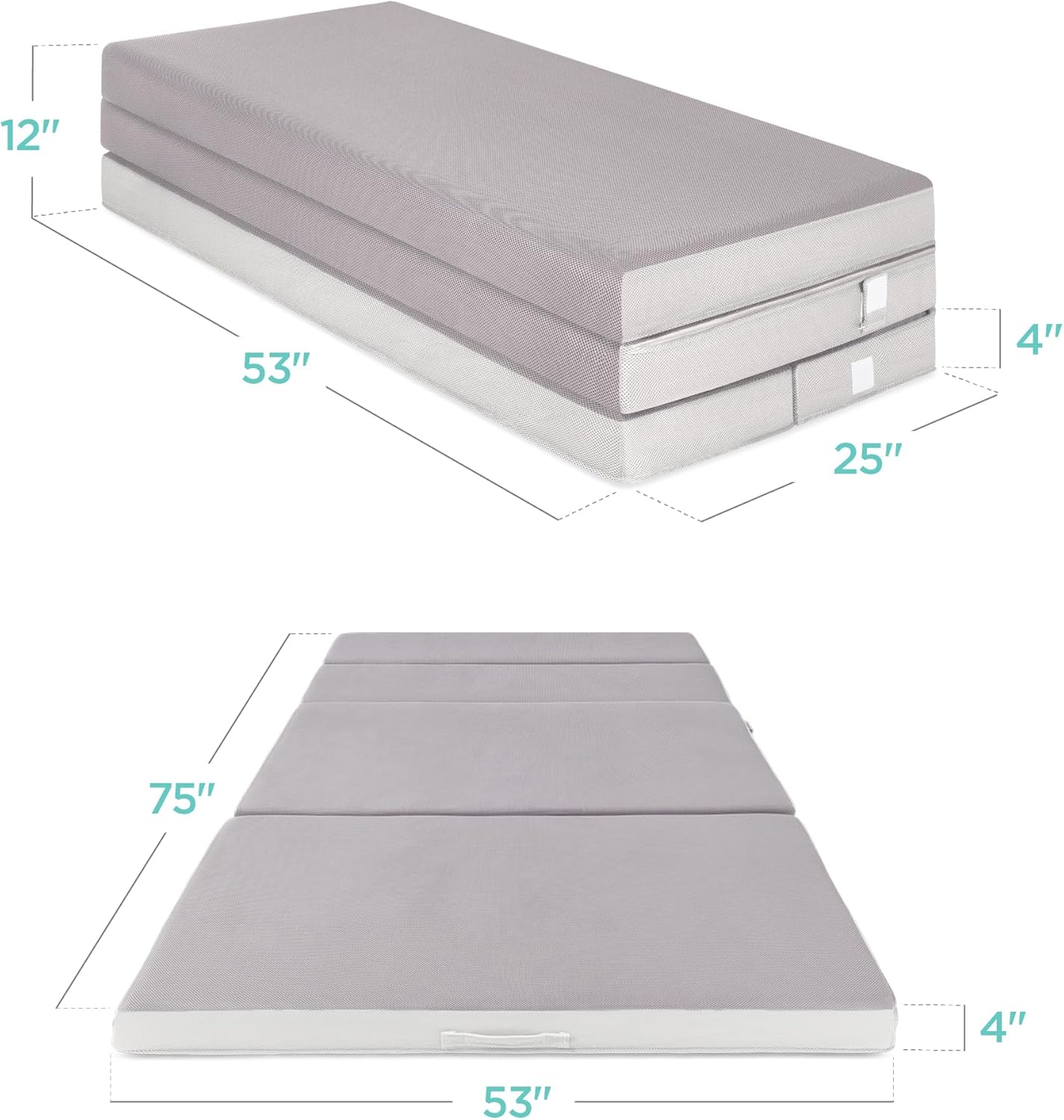 Best Choice Products 4 In. Portable Queen-Size Mattress, Tri-Fold Mattress For Camping, Guest, Toddler, Foam Plush w/Carry Case- Grey