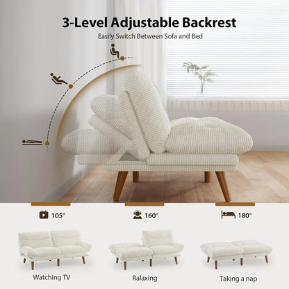 Pipishell Convertible Futon Sofa Bed, 66 In. Corduroy Futon Couch With Adjustable Backrest And Armrests, Recliner Sleeper Sofa For Small Spaces