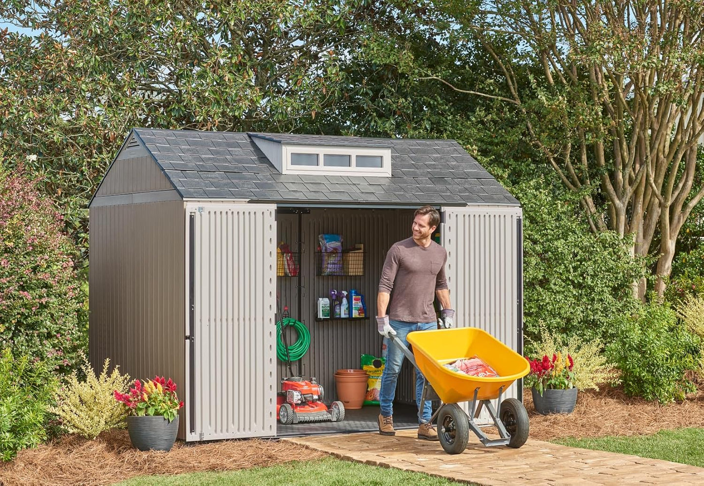Rubbermaid Resin Outdoor Storage Shed With Floor Weather Resistant Gray Organization For Home