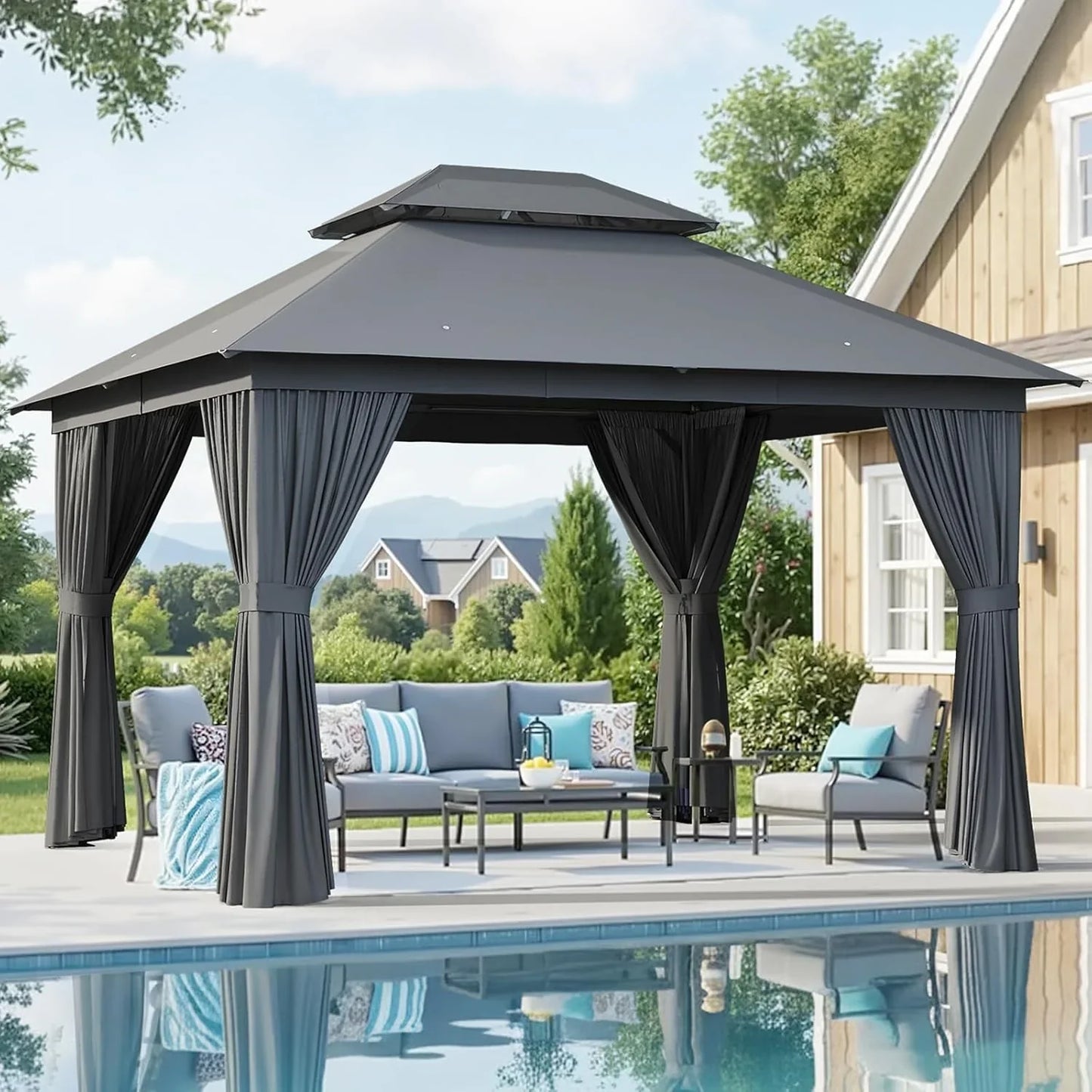 Aoxun Outdoor Gazebo For Patio 10x12, Metal Frame Canopy With Double Roofs