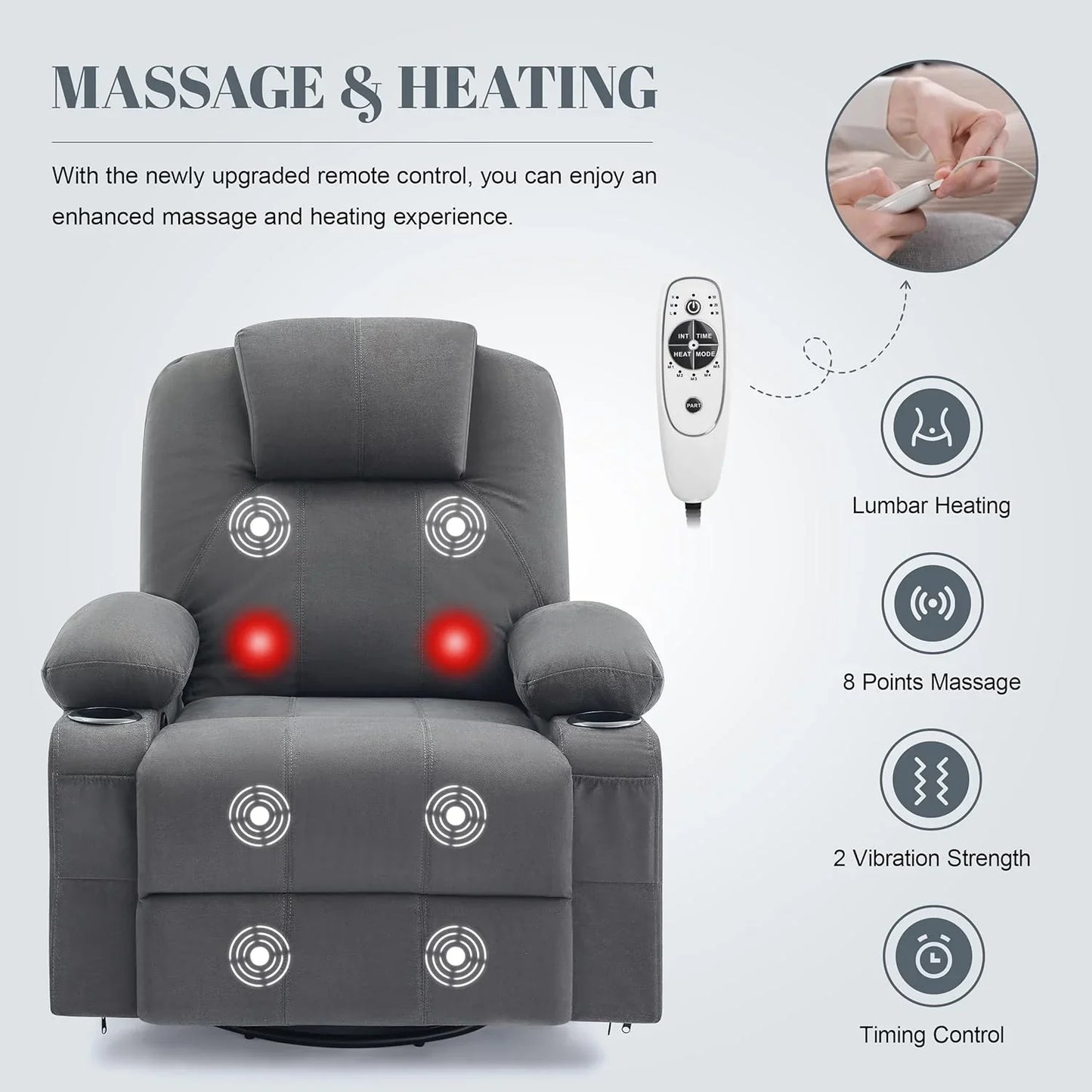 Oversized Swivel Rocker Recliner Chair With Heat And Massage, 360 Degree Swivel Rocking Single Sofa With Cup Holders And USB Port