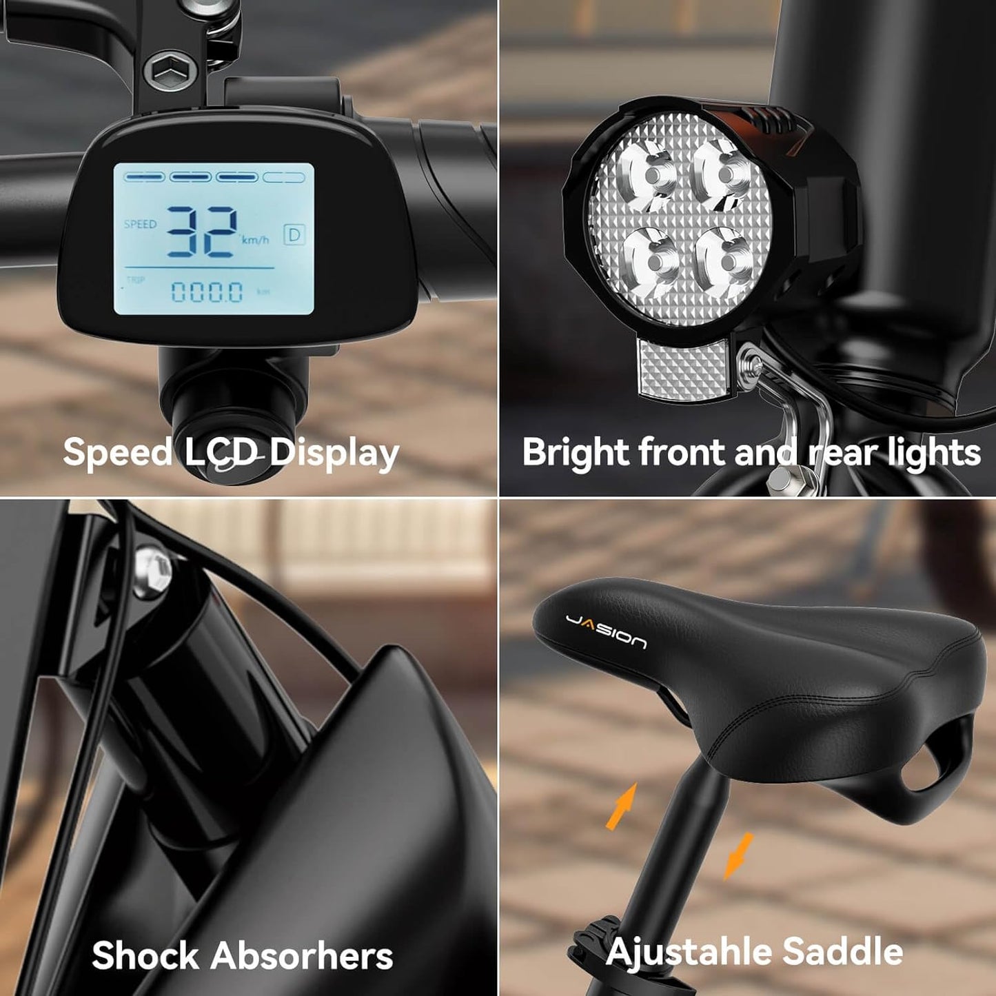Jasion EB3 Electric Bike Adults 21mph, 500W Peak Motor, 270Wh Battery, Rear Suspension, 3 Levels Assist