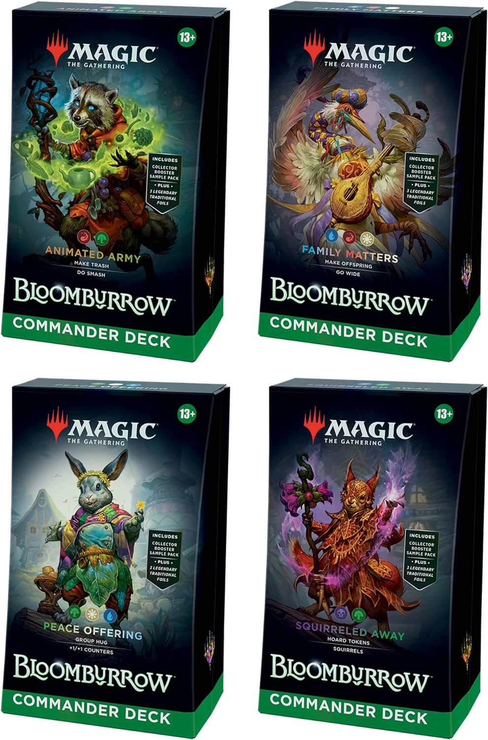Magic, The Gathering Bloomburrow Commander Deck Bundle, Includes All 4 Decks, Animated Army Family Matters Peace Offering And Squirreled Away
