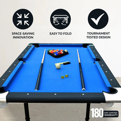 6 Ft. Portable Pool Table, Adults Folding Billiards Tables For Game Room With Easy Foldable Storage, Includes Full Set Of Billiard Balls, Cues