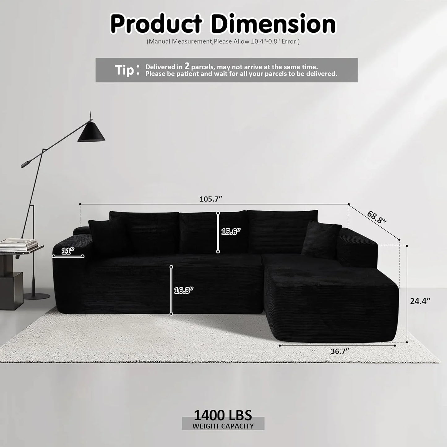 Ovios 104 In. Cloud Sectional Couch With L-Shape Chaise, Modern Modular Sofa With Deep Seat, Upholstered Couches For Living Room Bedroom
