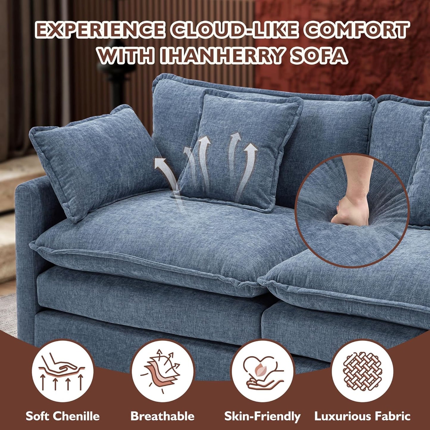 111.4 In. L-Shaped Modern Sofa Modular Cloud Sofa Ottoman 4-Seater Chenille Deep Seat Sofa