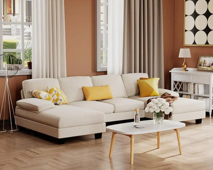 Furmax Sectional Couches For Living Room, U-Shaped Sofa Couch With Linen Fabric, 4 Seat Sofa Set With Double Chaise For Apartment, Fabric, Grey