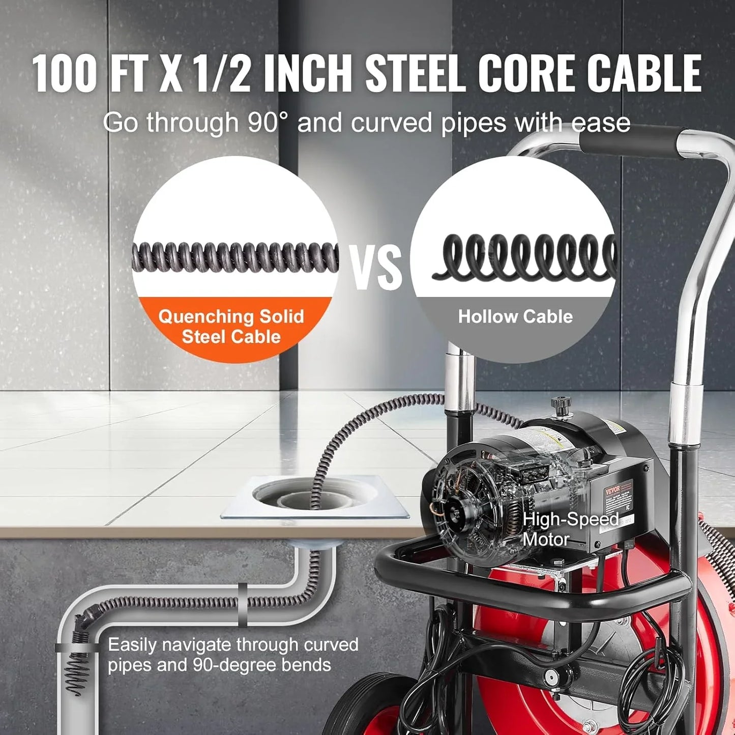 Drain Cleaner Machine 100 Ft. x 1/2 In, Auto Feed Sewer Snake Auger On Wheels