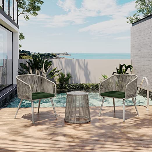 Patio Furniture Set 3-Piece Outside Bistro Set Handwoven Rattan Wicker Chairs With Waterproof Cushions Tempered Glass Table Outdoor Conversation