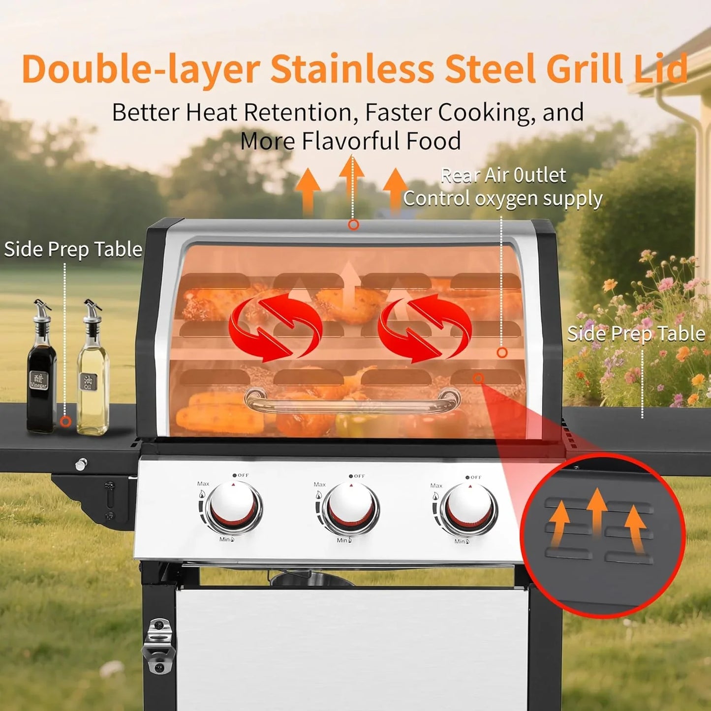 3-Burner Propane Gas Grill With 30,000 BTU Output- Double-Layer Stainless Steel Grill Lid, Cast Iron Cooking Grids