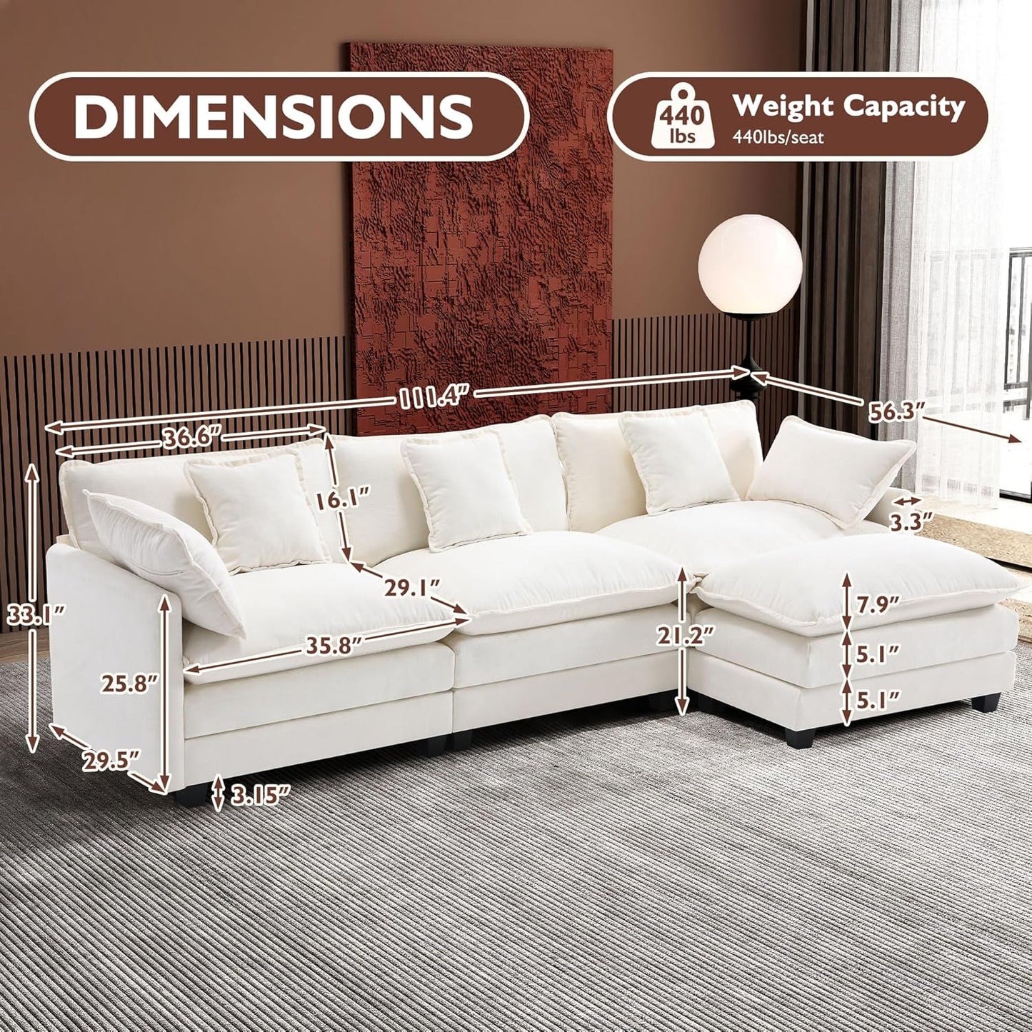 111.4 In. L-Shaped Modern Sofa Modular Cloud Sofa Ottoman 4-Seater Chenille Deep Seat Sofa