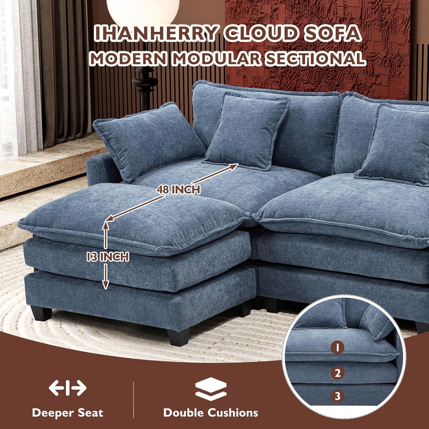 111.4 In. L-Shaped Modern Sofa Modular Cloud Sofa Ottoman 4-Seater Chenille Deep Seat Sofa