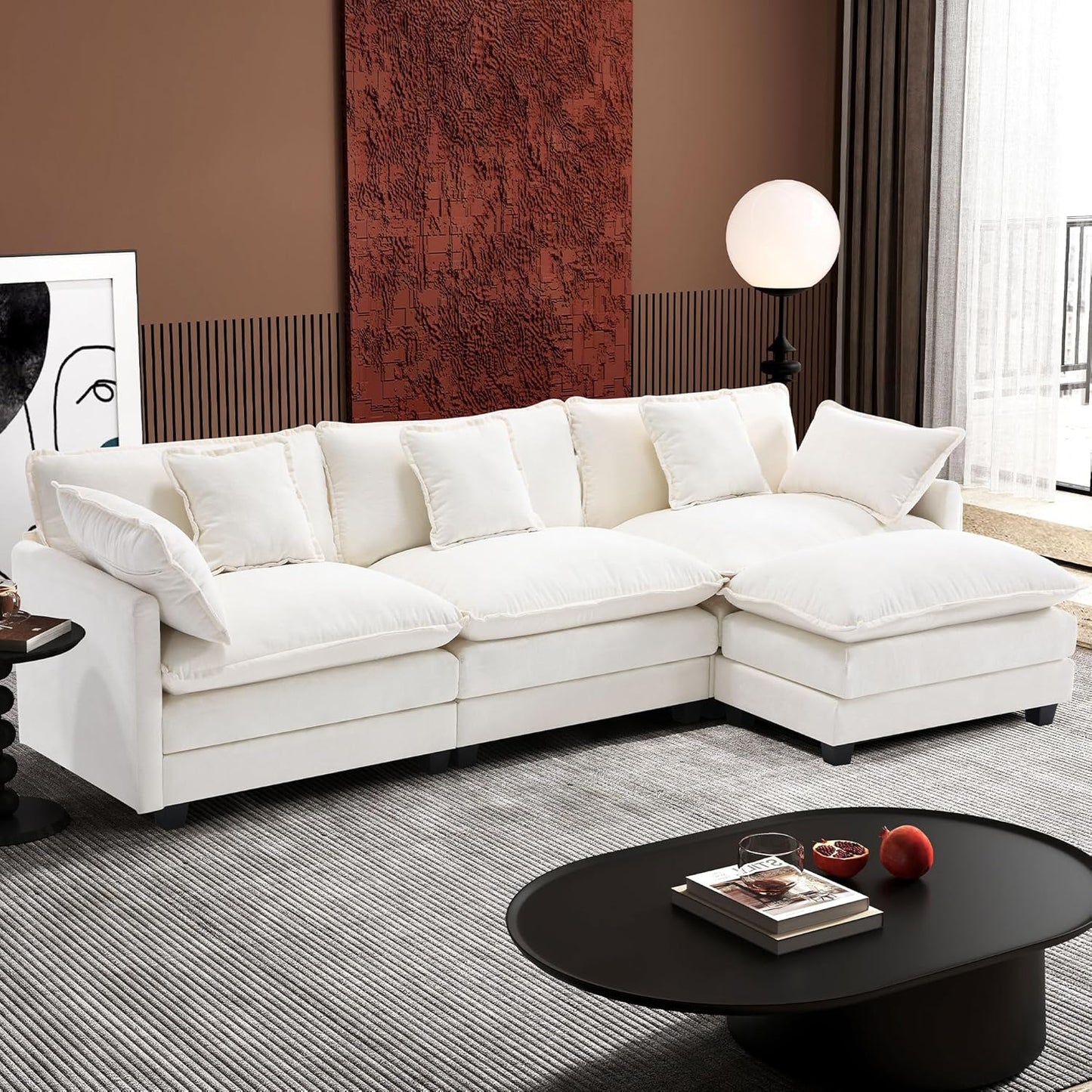 111.4 In. L-Shaped Modern Sofa Modular Cloud Sofa Ottoman 4-Seater Chenille Deep Seat Sofa