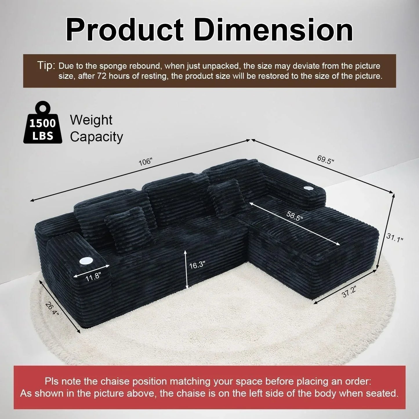 Cloud Section Sofa With L-Shaped Recliner Modern Modular Sofa Built-In Cup Holder