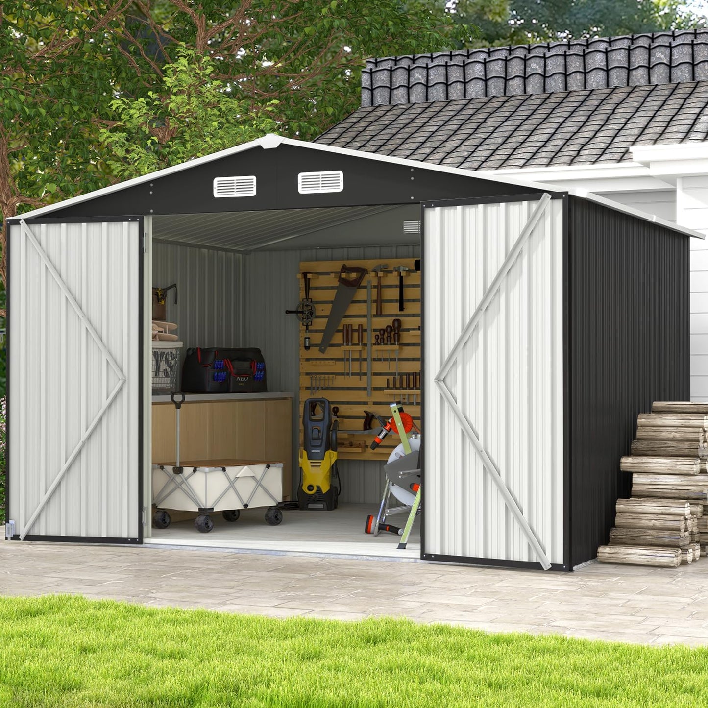 Aoxun 10 x 12 Ft. Outdoor Storage Shed With Double Hinged Large Door Utility Garden Shed