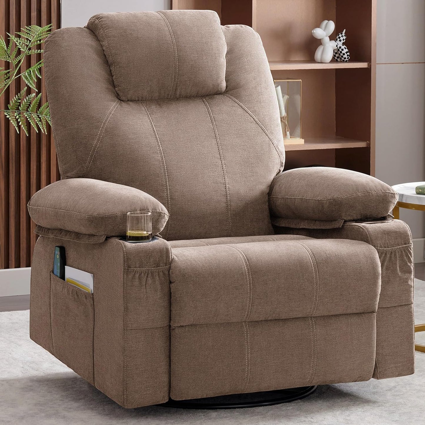 Oversized Swivel Rocker Recliner Chair With Heat And Massage, 360 Degree Swivel Rocking Single Sofa With Cup Holders And USB Port