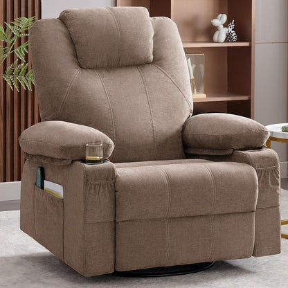 Oversized Swivel Rocker Recliner Chair With Heat And Massage, 360 Degree Swivel Rocking Single Sofa With Cup Holders And USB Port