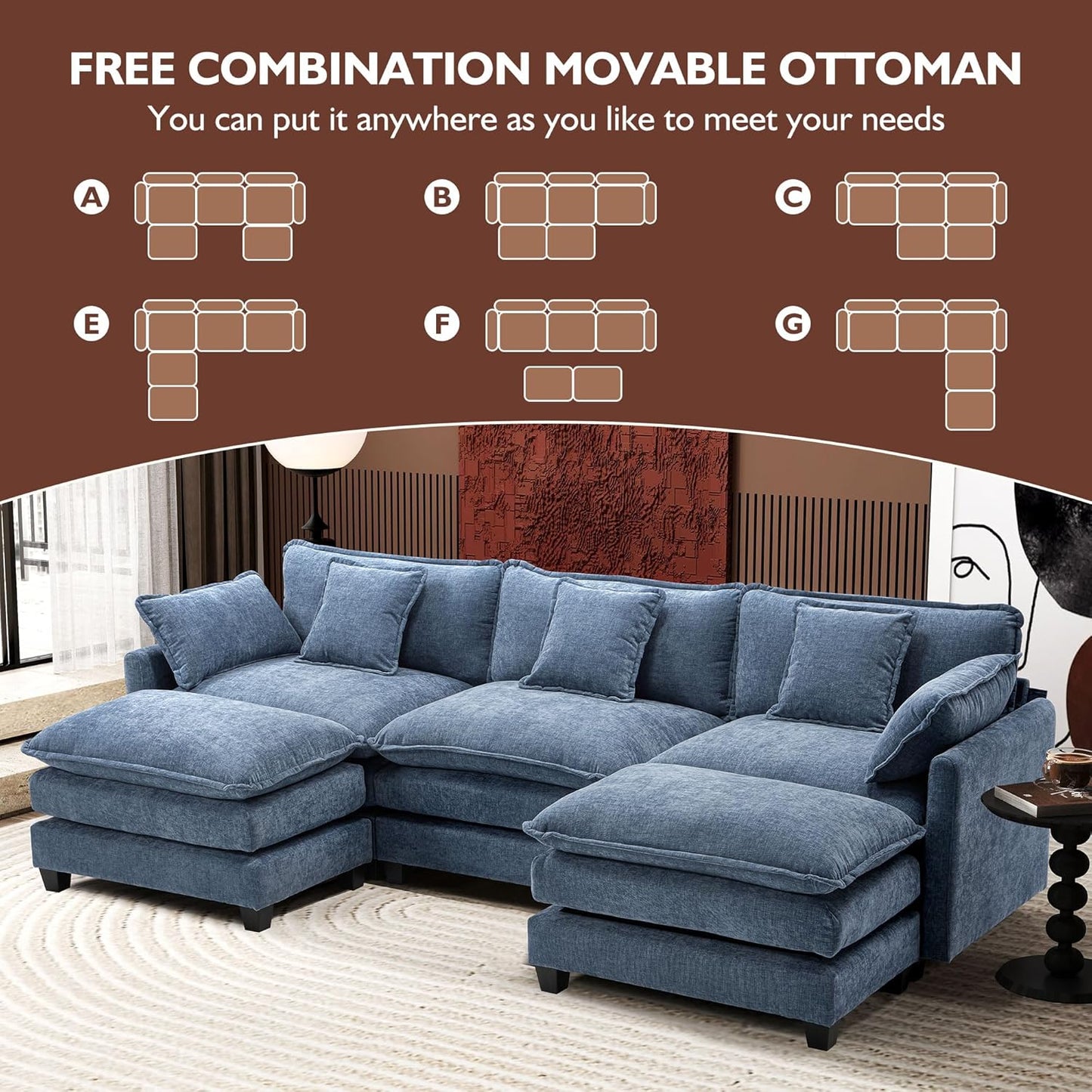 111.4 In. L-Shaped Modern Sofa Modular Cloud Sofa Ottoman 4-Seater Chenille Deep Seat Sofa