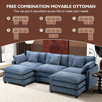 111.4 In. L-Shaped Modern Sofa Modular Cloud Sofa Ottoman 4-Seater Chenille Deep Seat Sofa