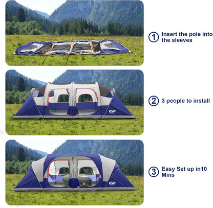 Campros Cp Tent 12-Person-Camping-Tents, 3 Room Family Tents, Waterproof Windproof Family Tent With Top Rainfly, 6 Large Mesh Windows
