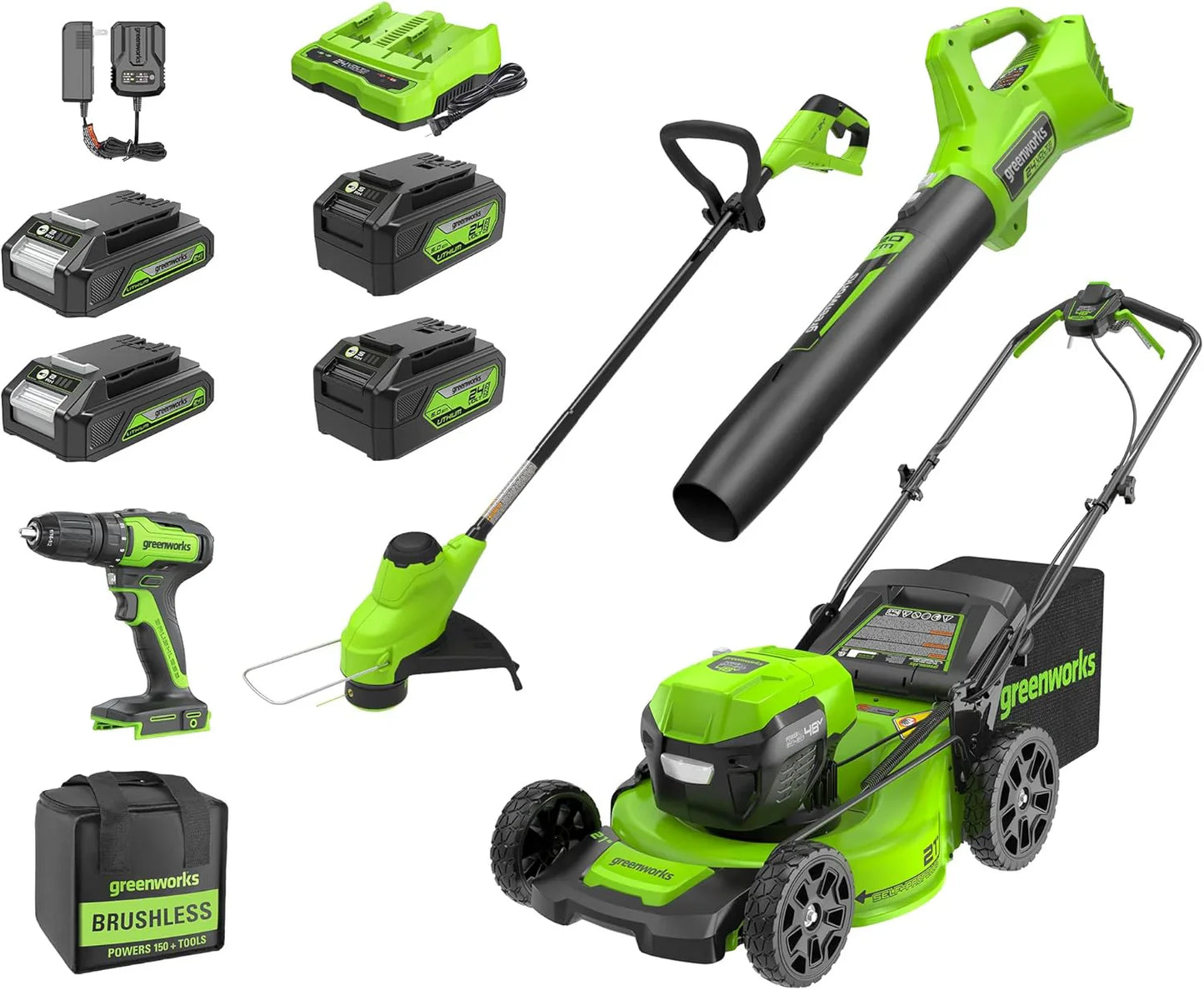 Greenworks 48V, 24V x 2 21 In. Brushless Self-Propelled Mower Plus 12 In. String Trimmer Plus 320CFM