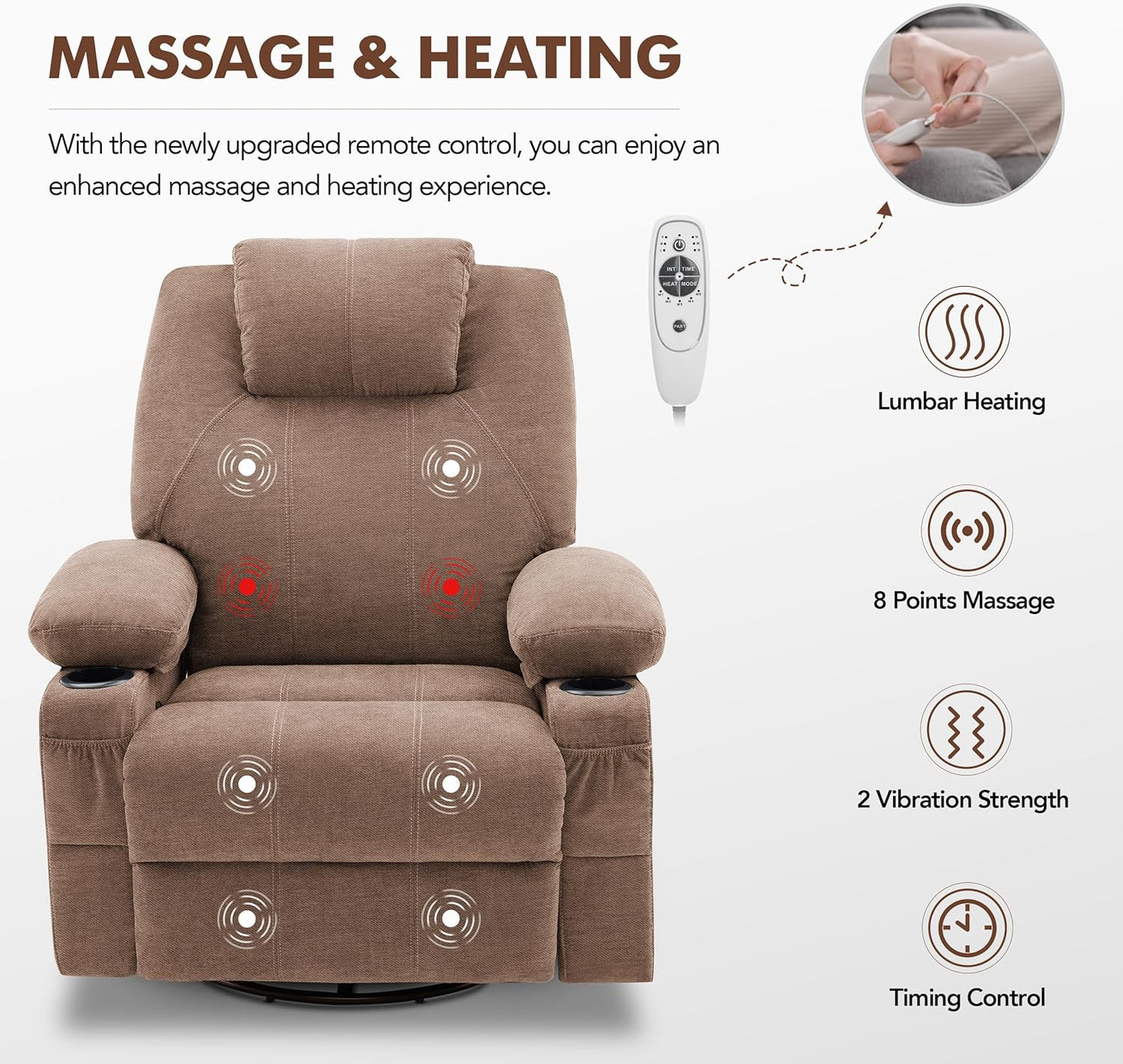Oversized Swivel Rocker Recliner Chair With Heat And Massage, 360 Degree Swivel Rocking Single Sofa With Cup Holders And USB Port
