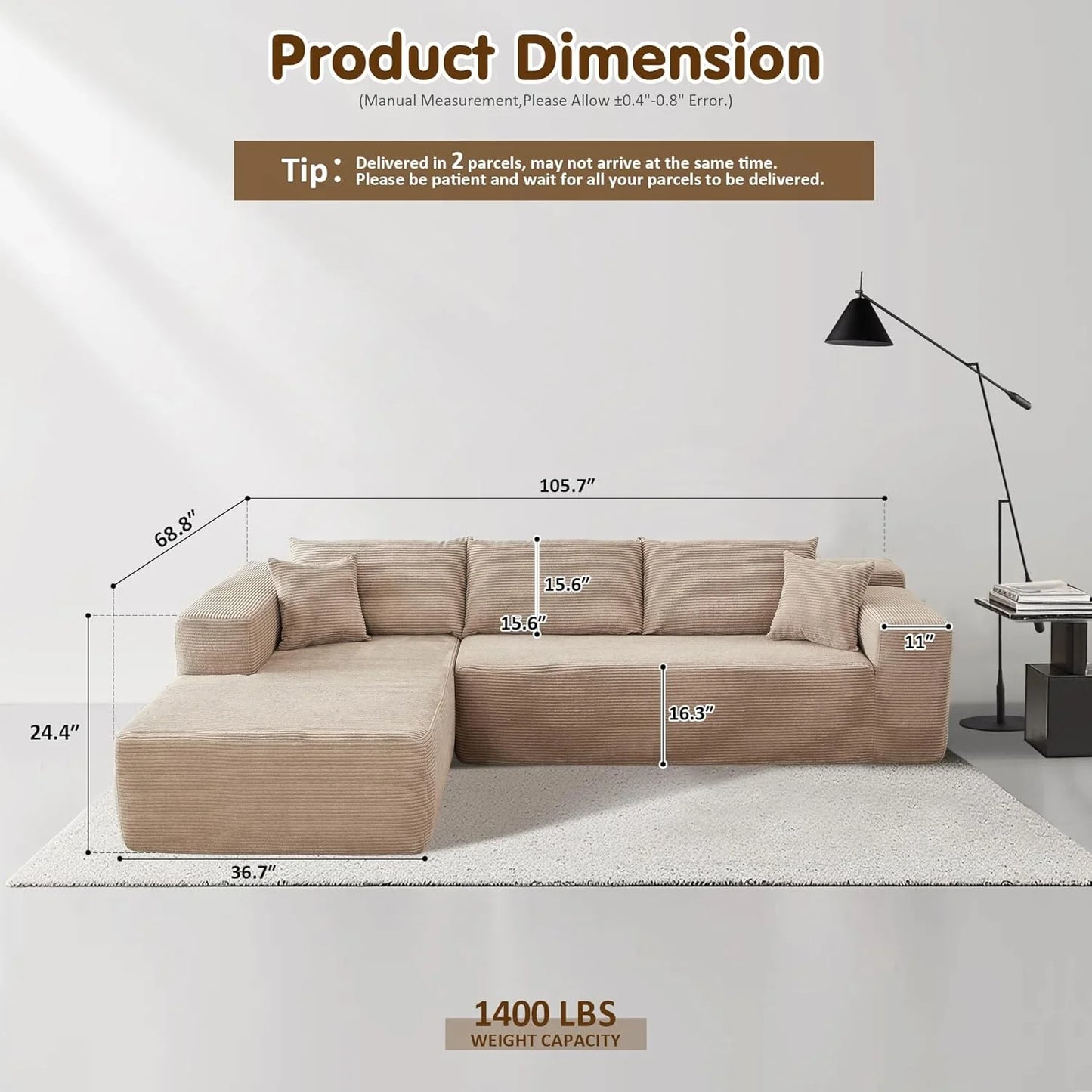 Ovios 104 In. Cloud Sectional Couch With L-Shape Chaise, Modern Modular Sofa With Deep Seat, Upholstered Couches For Living Room Bedroom