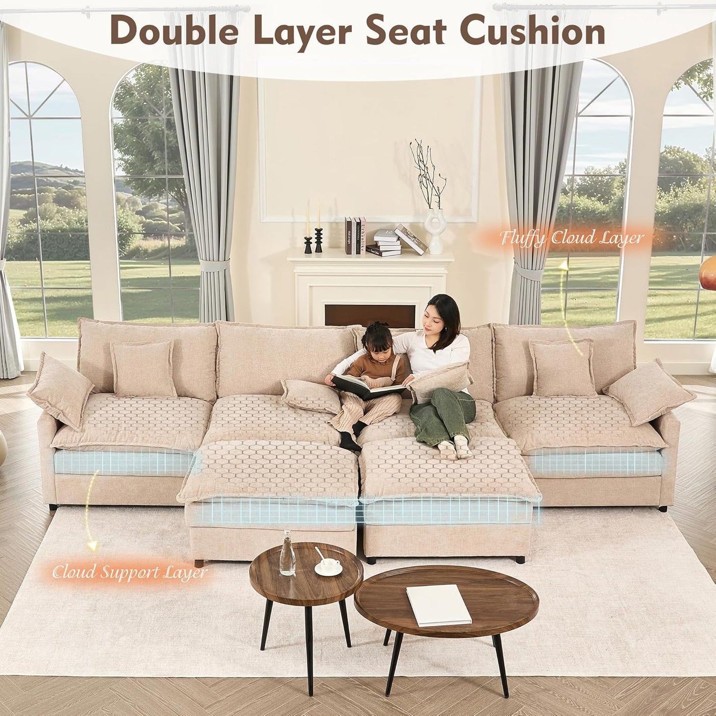 108 In. U Shape Sofa Sectional Sofa Comfortable Cloud Sofa With Removable Footstool