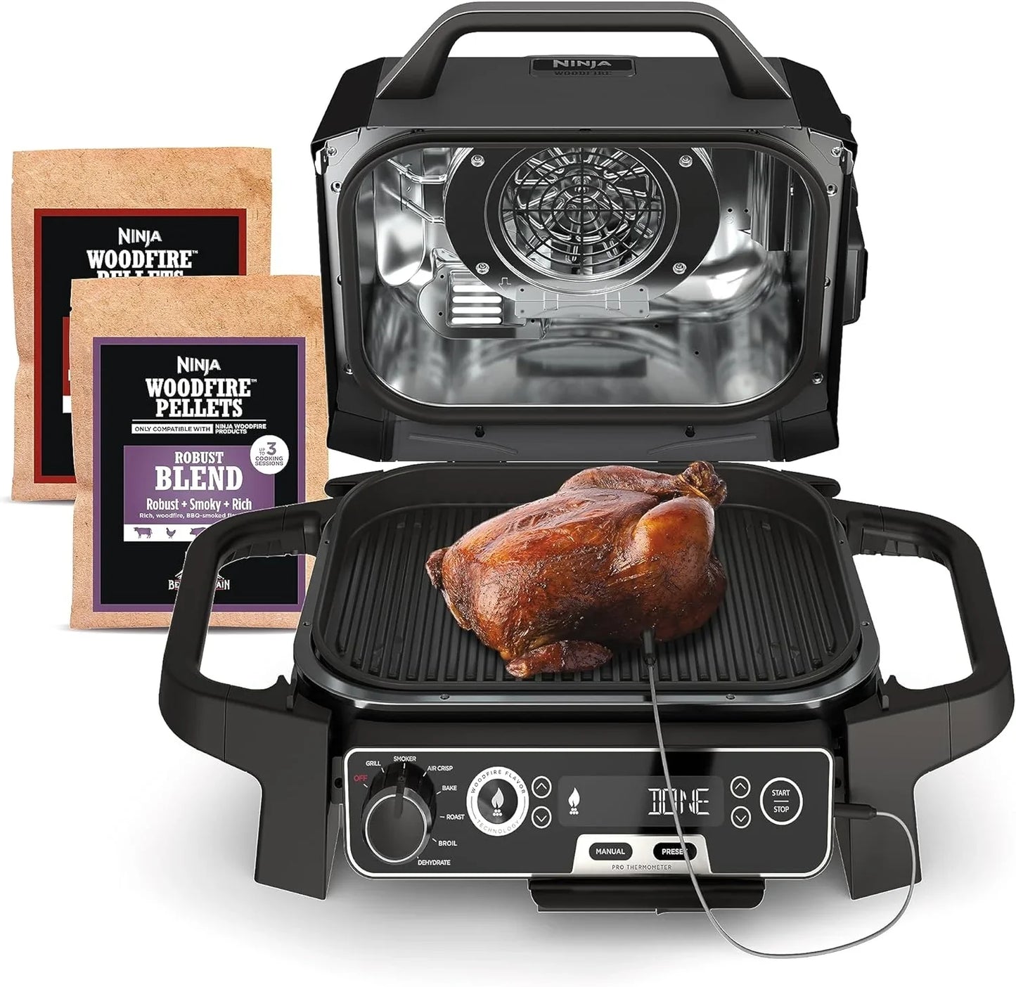 7-in-1 Grill And Smoker With Thermometer, Air Fryer, Bbq, Bake, Roast, Broil- Portable Electric Outdoor Grill, Grey