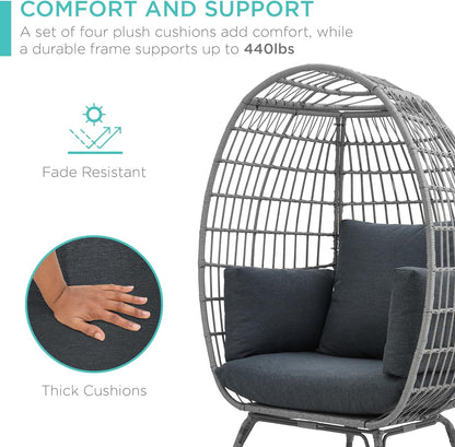 Best Choice Products Wicker Egg Chair Oversized Indoor Outdoor Lounger For Patio Backyard Living Room W/4 Cushions Steel Frame 440lb Capacity- Ivory