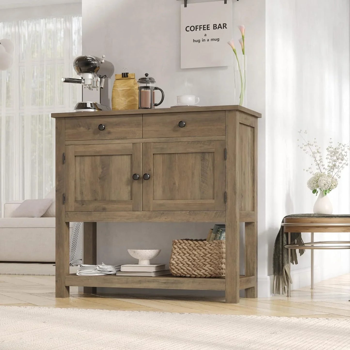 Hostack Farmhouse Console Table With 2-Door Cabinet And 2 Drawers, Coffee Bar, Entryway Table With Storage Shelf
