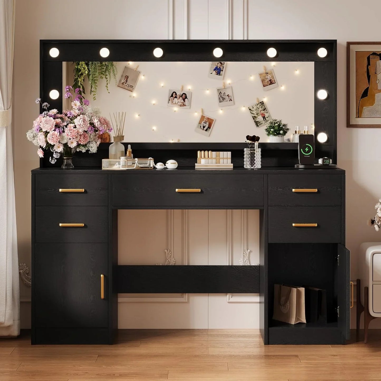 Black Vanity Desk With Mirror, Lights And Charging Station, 58.3 In. 3 Lighting Modes